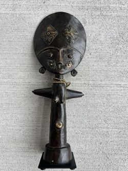 Ashanti Akua’ba Fertility Doll Ghana 14” Wooden Tribal Figure w/ Metal Details on Base