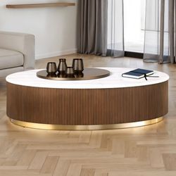 Coffee Table Oval Genuine Marble top, Brown Wood finish, Metal base gold finish. New Especial price