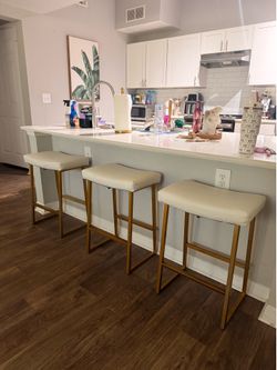 Set of 3 White and gold modern barstools