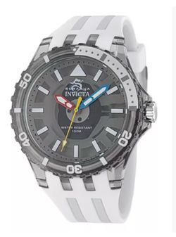 Invicta Subaqua model 69448 features a 44mm transparent acrylic case paired with a white silicone strap.
