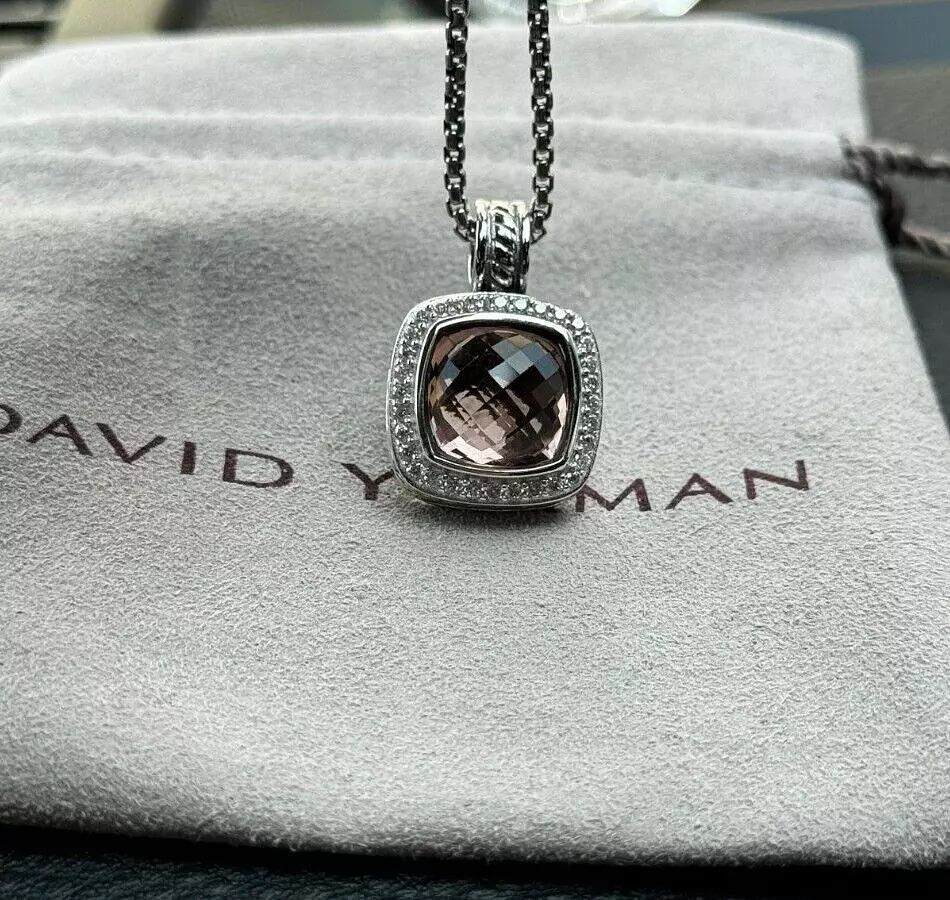 David Yurman Sterling Silver 11mm Albion Pendant Necklace Morganite & Diamond