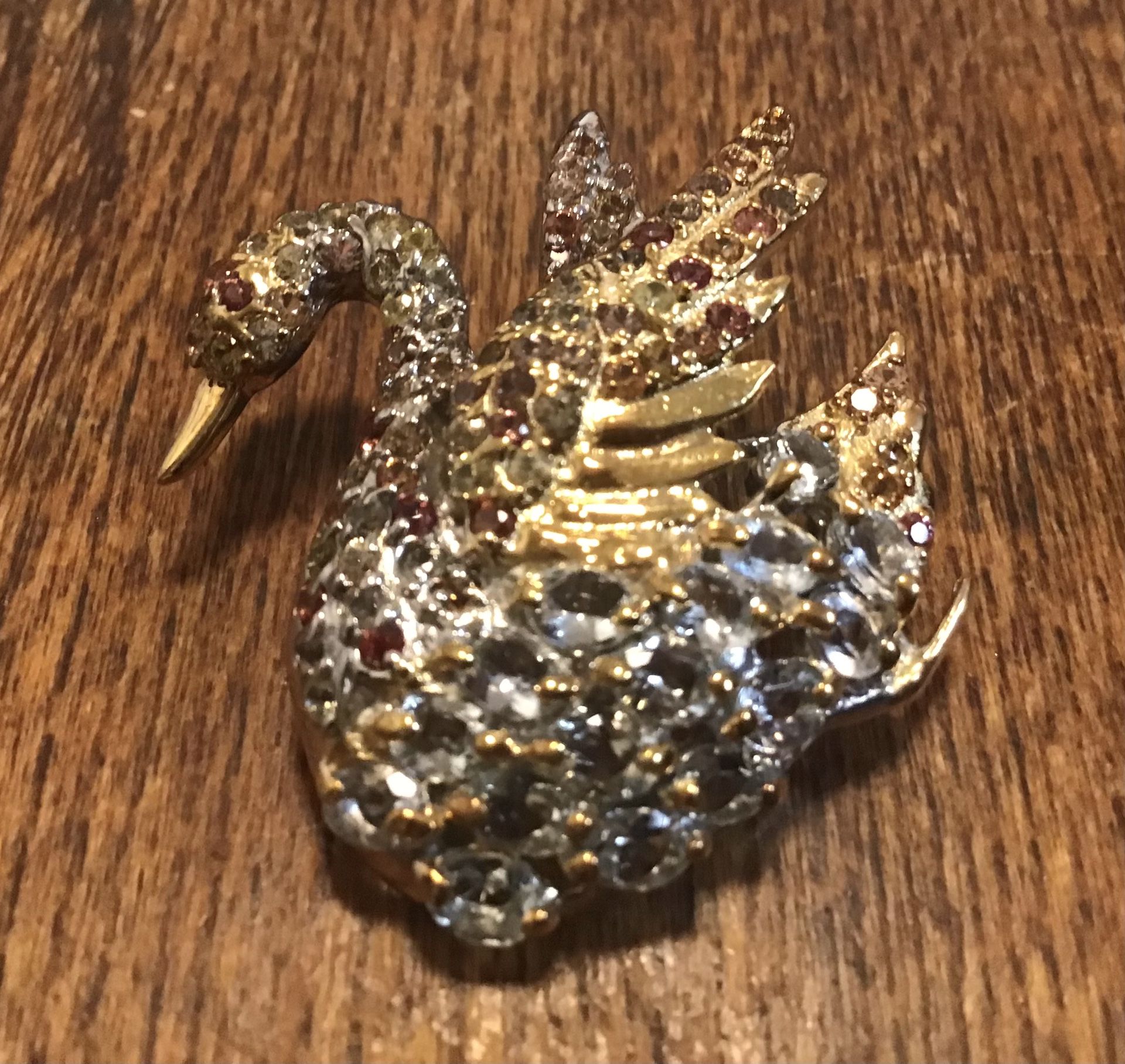Swan Brooch, Sparkling Vermeil with Aquamarine, Garnet and Sapphire 