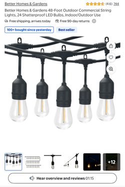 Better Homes & Gardens 48-Foot Outdoor Commercial String Lights, 24 Shatterproof LED Bullos, Indoor/Outdoor Use