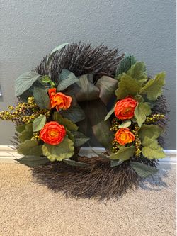 Large Fall Floral Wreath – Orange Flowers & Rustic Twig Base
