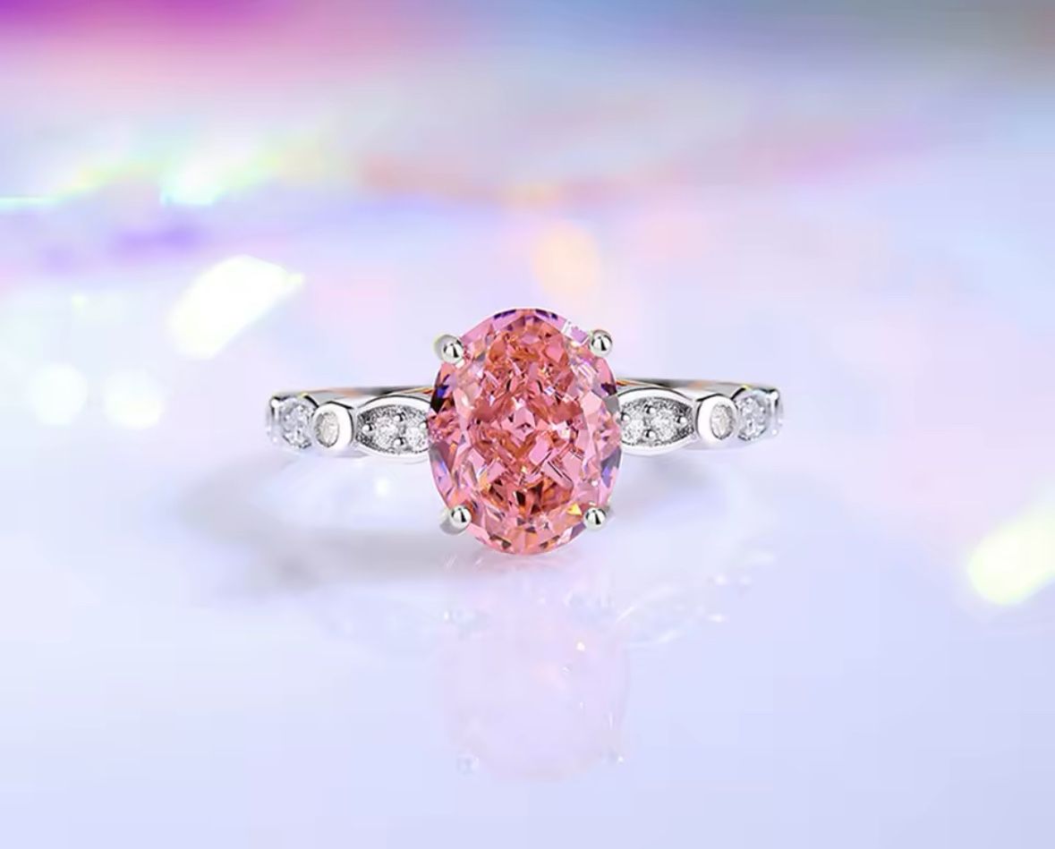 8x10 Oval Cubic Zirconia Crushed Ice Padparadscha Peach Pink Ring, Silver Size 7