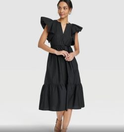 Women’s flutter short sleeve poplin tiered midi dress size small