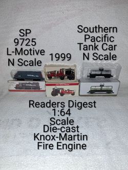 2 Southern Pacific N Scale Train Cars & 1 Die-cast 1999 Knox-Martin Fire Engine (1:64 Scale) All For 1 Price