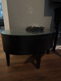 Round Black Wood Coffee Table with Glass Top