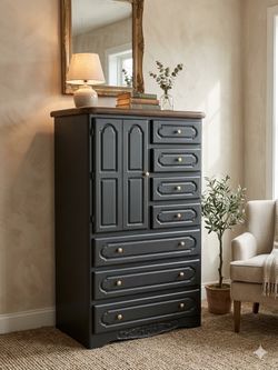 Solid Oak Gentleman's Chest / Tallboy Dresser – Modern Black & Wood