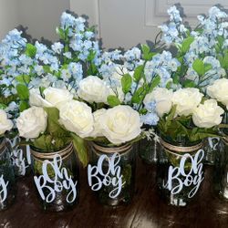 10 Mason Jar Centerpieces - Boy Baby Shower