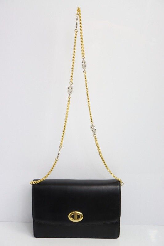 Christian Dior Chain Shoulder Bag Leather Black Gold
