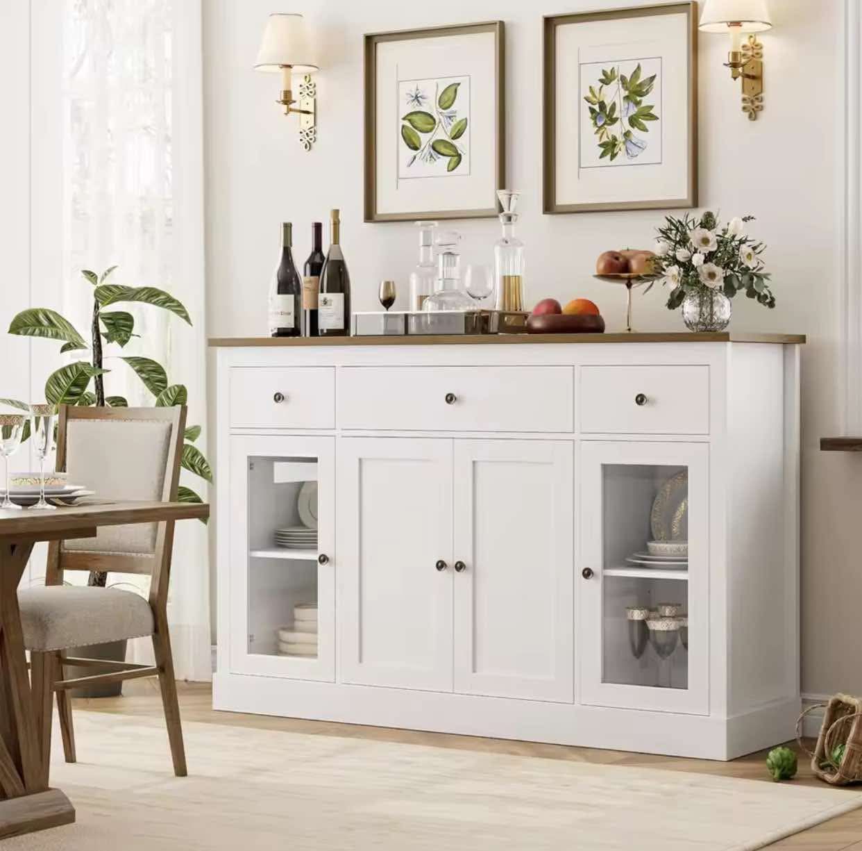 Sideboard Buffet Cabinet with Storage, 55" Large Kitchen with 3 Drawers Glass Doors, Modern Farmhouse Coffee Bar Cabinet