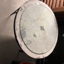 Vintage Metal Round Table With Glass Top And Two White Wooden Chairs 