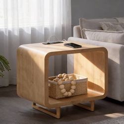 E928 $80   23.6" Curved 2-Tier End Table with USB-C Charging Station - Natural Oak 1 Piece
