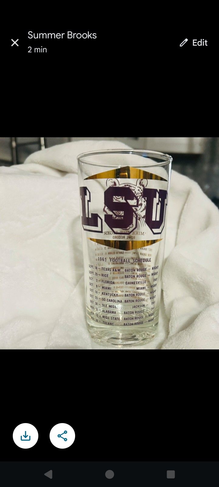 Vintage LSU 1965 Beer Schedule Glass Great Shape Like New