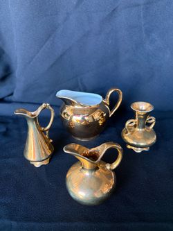 Gold, copper luster, creamer, miniature pitcher & vase