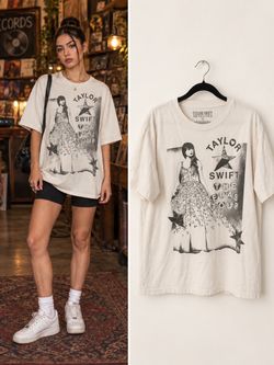 Official Taylor Swift Eras Tour Oversized Distressed T-Shirt Cream Men's Unisex L