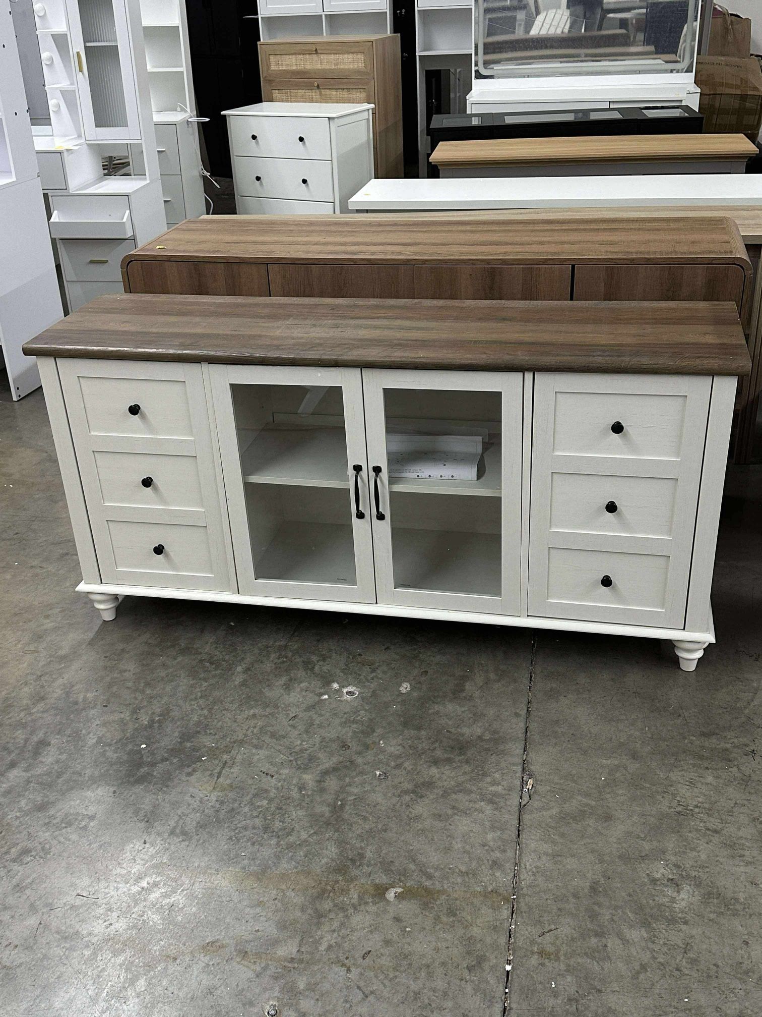 Farmhouse TV Stand with Yellow LED Light for Console Table Storage Cabinet 58'