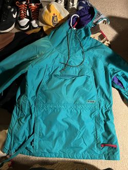 Vintage Colombia Pull Over Rain jacket Kangaroo Pouch Teal Turquoise Perfect Condition  Size L