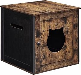 Cat Litter Box Furniture, Hidden Cabinet with Single Door Indoor Cat House, End Table, Nightstand, Rustic Brown and Black, ISLAND Collection UPCL004X0