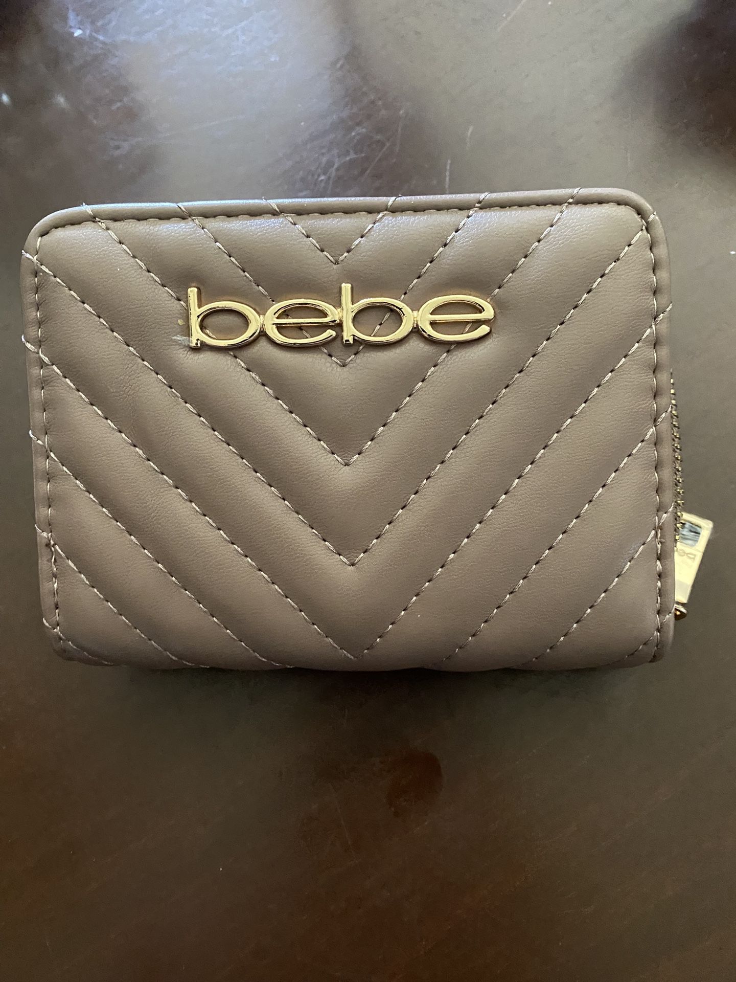 Woman’s Bebe Wallet Taupe With Gold Tone Logo And Hardware