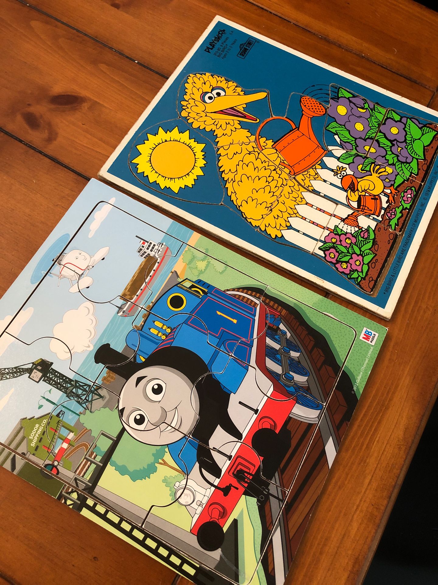 Two vintage wooden playschool puzzles - Thomas the train and big bird Sesame Street. Preschool. Home school.
