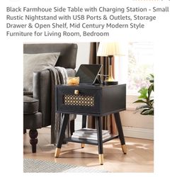 Black Farmhoue Side Table with Charging Station - Small Rustic Nightstand with USB Ports & Outlets, Storage Drawer & Open Shelf, Mid Century Modern St