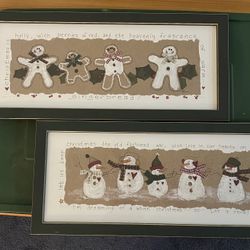 Wooden Framed Christmas Artwork Featuring Gingerbread And snowmen