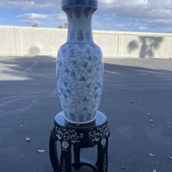 Antique Chinese Blue And White  Floor Vase With Stand About  60 Inches Tall