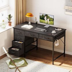 DK172 $50  Computer Desk with 6 Drawers, 40 Inch Small Desk with Storage, Reversible Desk with Headphone Hook for Home Office, Work Study Table for Be