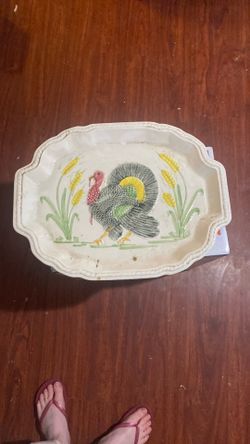 vintage, mid-century California Pottery hand-painted ceramic turkey platter