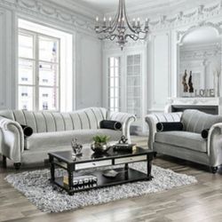 Brand New Glam Pewter Small Weave Chenille Sofa And Love Seat