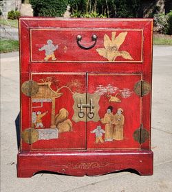 Chinese Red Lacquer & Gold-Painted Night Stand Cabinet / End Table - Chinoiserie
