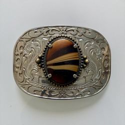 Belt Buckle: Banded Agate Cabochon, Western Floral Scrollwork