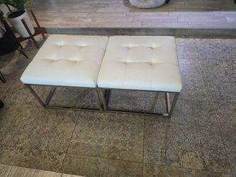 2 Upholstered Tufted Ottoman White and Chrome