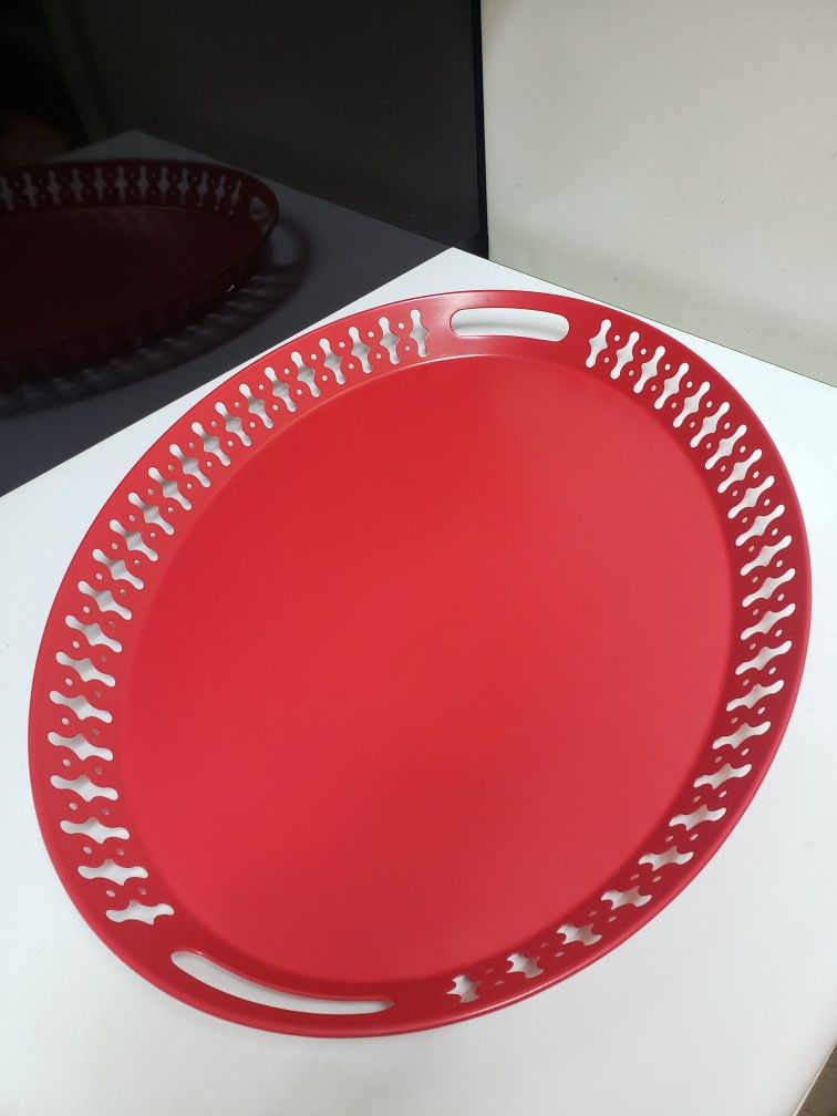Red Ikea Oval Handled Metal Tray