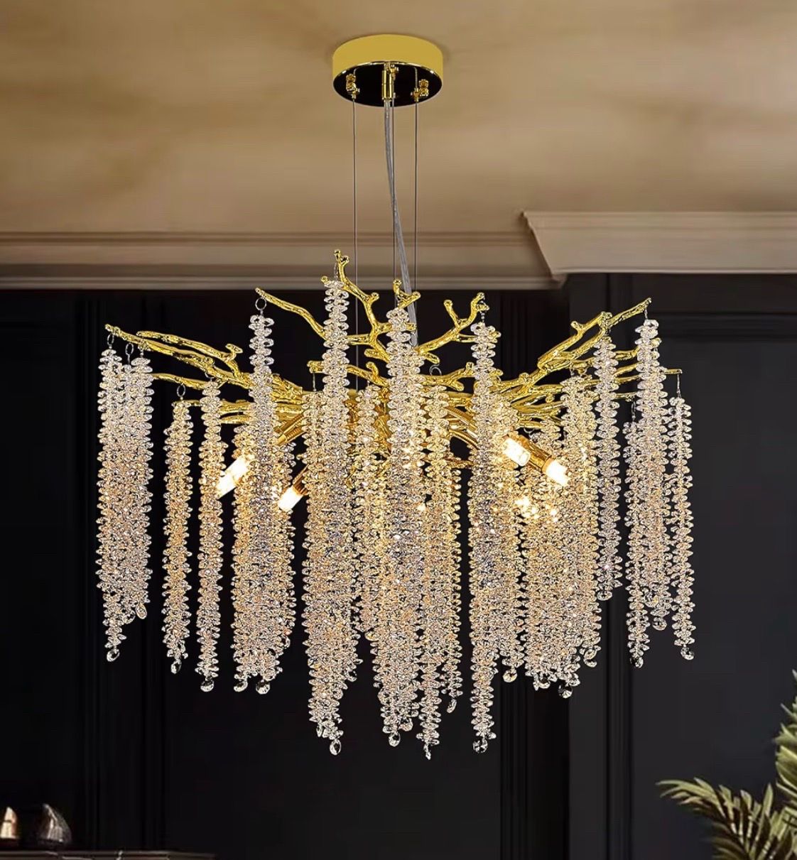 Modern Tree Branch Crystal Chandelier Luxury Gold Raindrop Pendant Lighting 23.6" Contemporary 8-Light Chandeliers for Dining Room Kitchen Bedroom Liv
