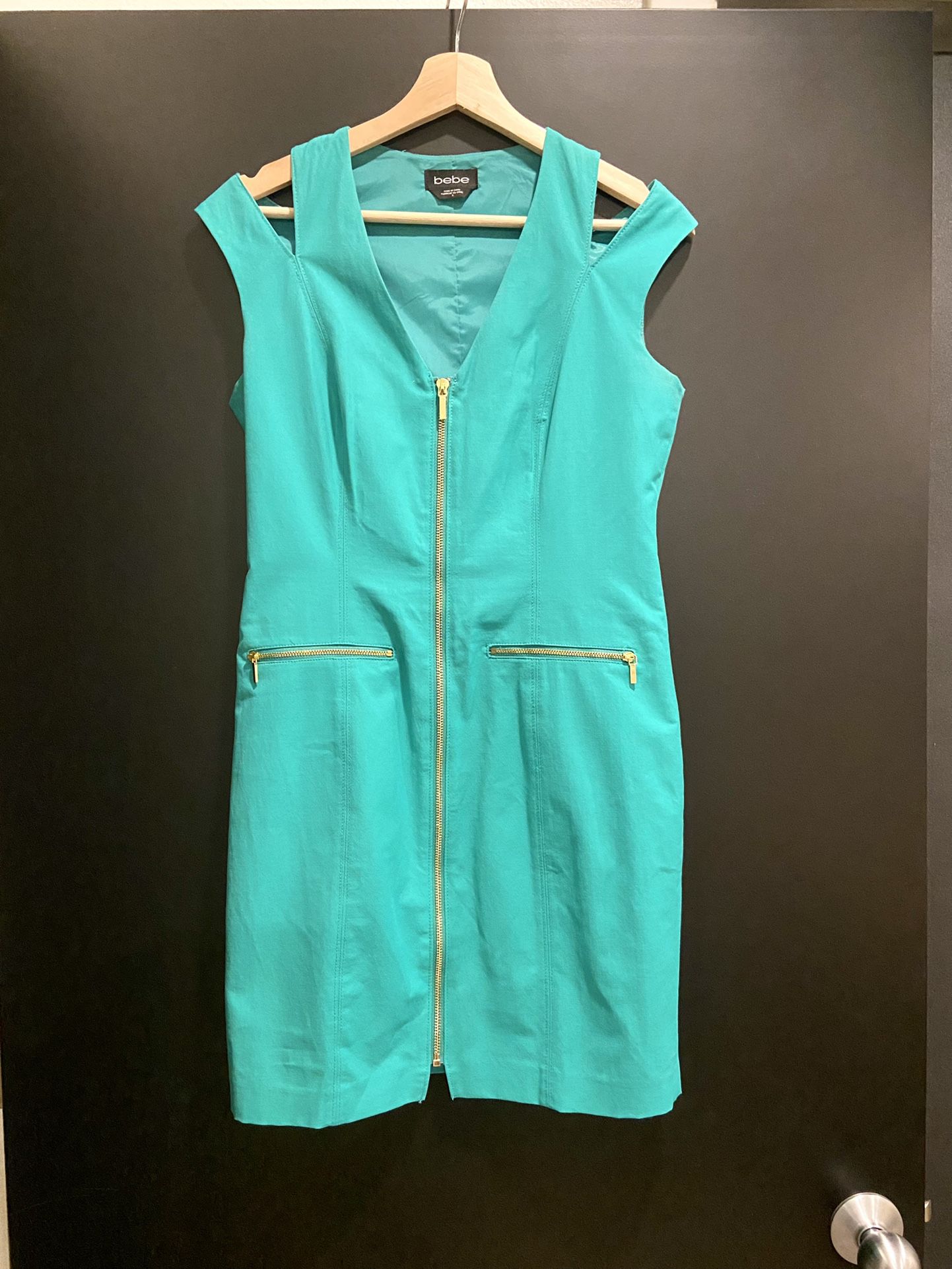 Bebe Zip Up Turquoise Mini Dress (size 8)