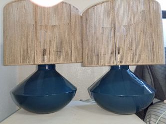 Pair of Blue Ceramic Table Lamps with Rope Shades