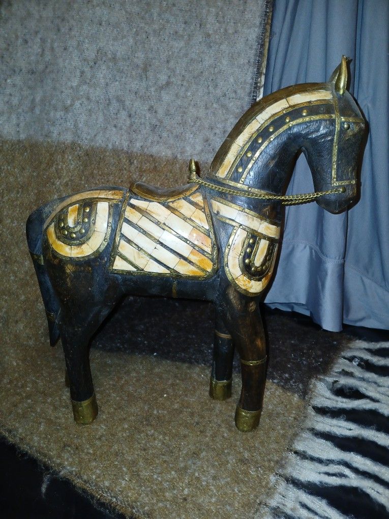 Vintage Wooden Trojan Horse Statue- Brass & Ivory