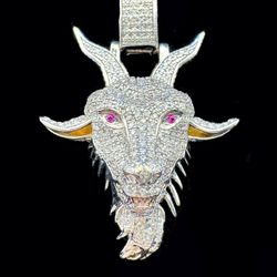 10k white gold bussdown iced out 3CTW natural diamond ruby Goat head pendant charm