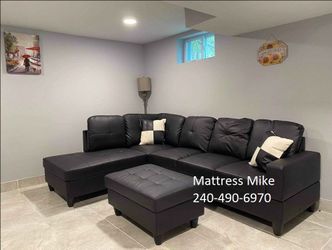 Same day delivery available black faux leather sectional with ottoman and pillows