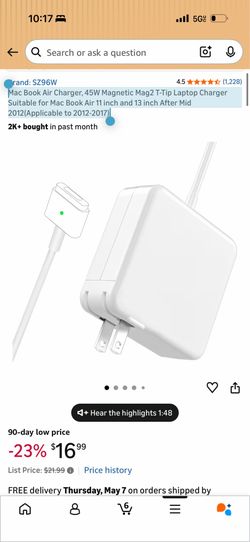 Mac Book Air Charger, 45W Magnetic Mag2 T-Tip Laptop Charger Suitable for Mac Book Air 11 inch and 13 inch After Mid 2012(Applicable to 2012-2017)