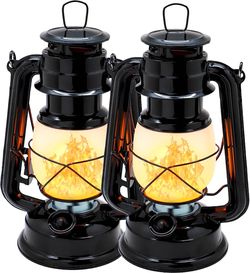 2 Pack LED Vintage Style Flame Lantern Metal Outdoor Hanging Lantern with Dancing Flame