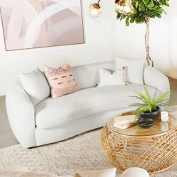 ~Modern Curved Sofa in Soft Natural Sheepskin Upholstery with Pillows~