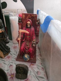Santa Muerte Red Robe Throne Figurine