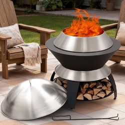 26 Inch Smokeless Firepit, Outdoor Fire Pit with Waterproof Lid, Removable Ash Pan, Handbag, 2 in 1 Stainless Steel Potable Fire Pits for Outside Wood