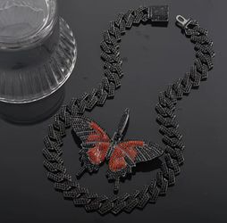 Iced Out Black Gold Plated A+Cubic Zirconia Premium Red Black Butterfly Pendant With 20"Cuban Necklace, Valentine's Gift 