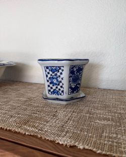 Blue and White Ceramic Planter with Saucer