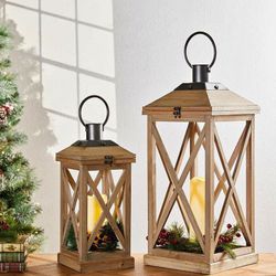 Glitzhome Set of 2-Mondern Brown Farmhouse Wooden Lantern